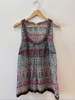 Joie Teal Burgundy Cream Paisley Floral Scoop Neck Blouse